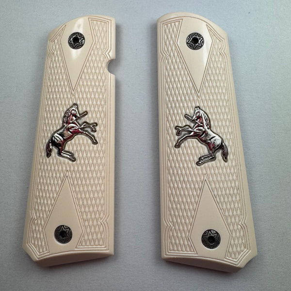 1911 Simulated Ivory Checkered Double Diamond with Silver Horse Inlay Pistol Grips