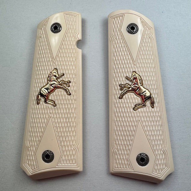 1911 Simulated Ivory Checkered Double Diamond with Gold Horse Inlay Pistol Grips