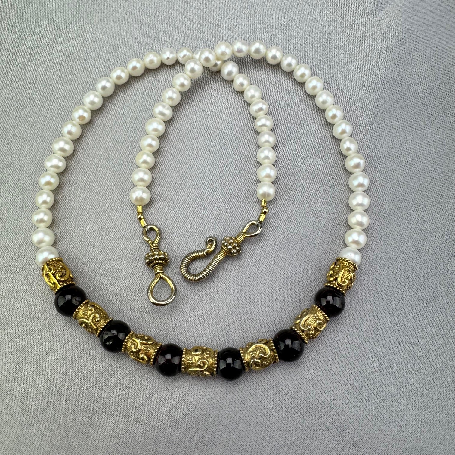 Fresh Water Pearl & Garnet Etruscan Style Necklace 06 