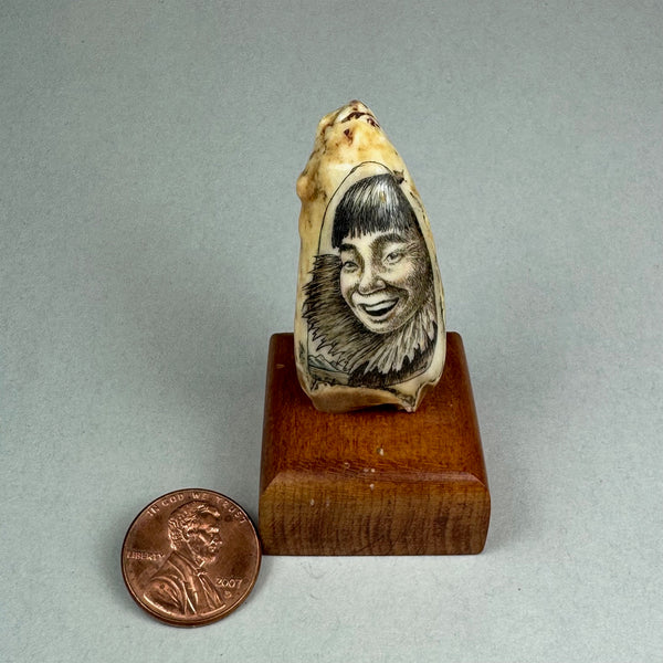 Vintage Scrimshaw Fossil Walrus Tooth Eskimo Boy by David Adams