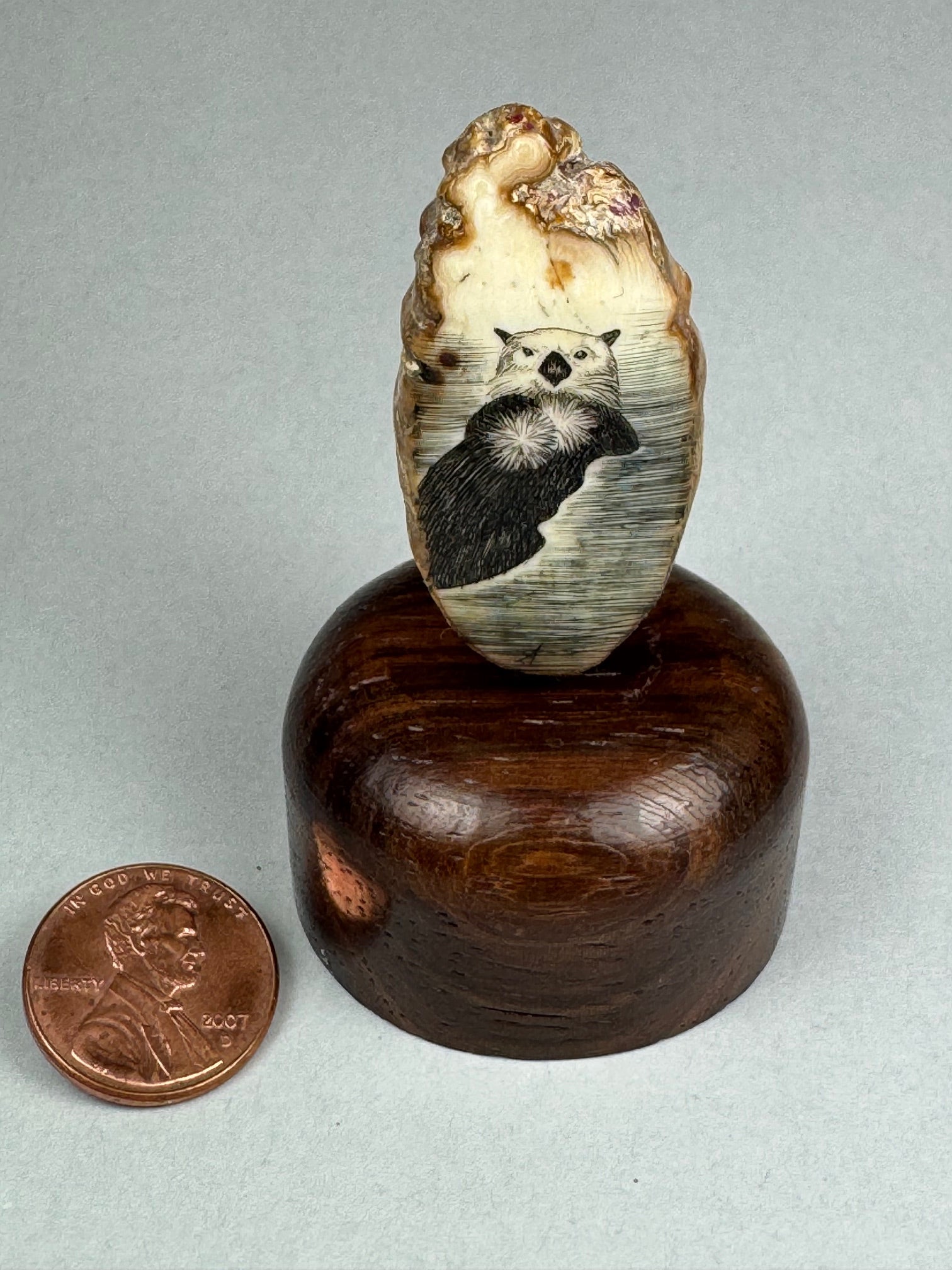 Vintage Scrimshaw Sea Otter on a Fossil Walrus Tooth Sea Otter by David Adams